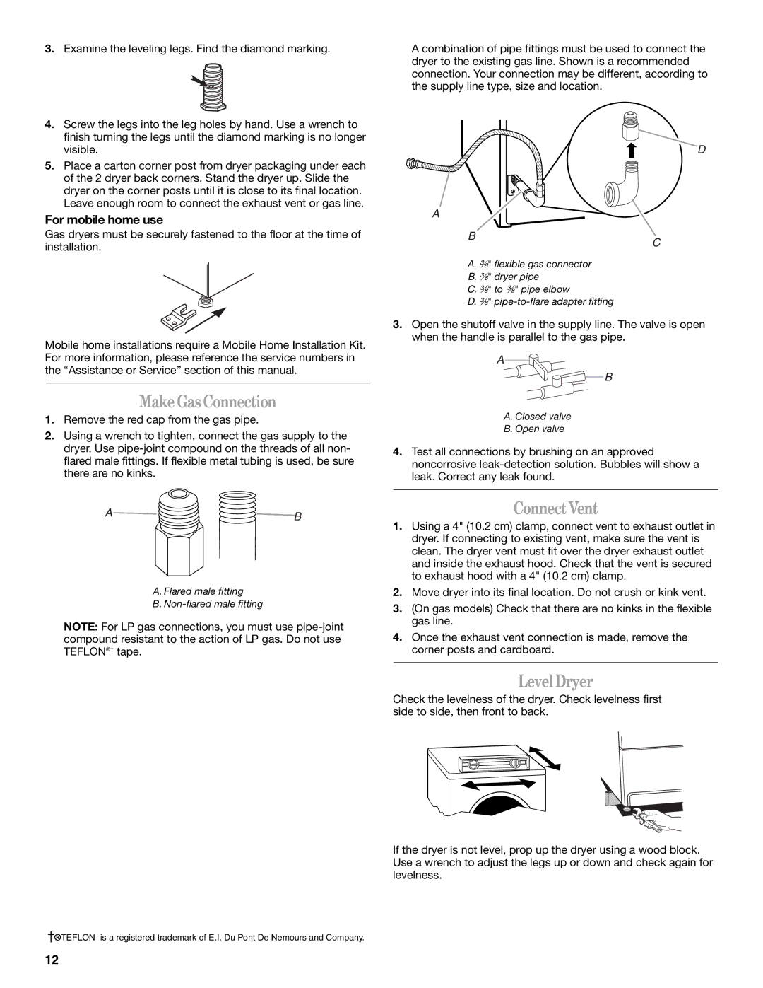 Whirlpool W10057260, DUET SPORT manual MakeGasConnection, ConnectVent, LevelDryer, For mobile home use 