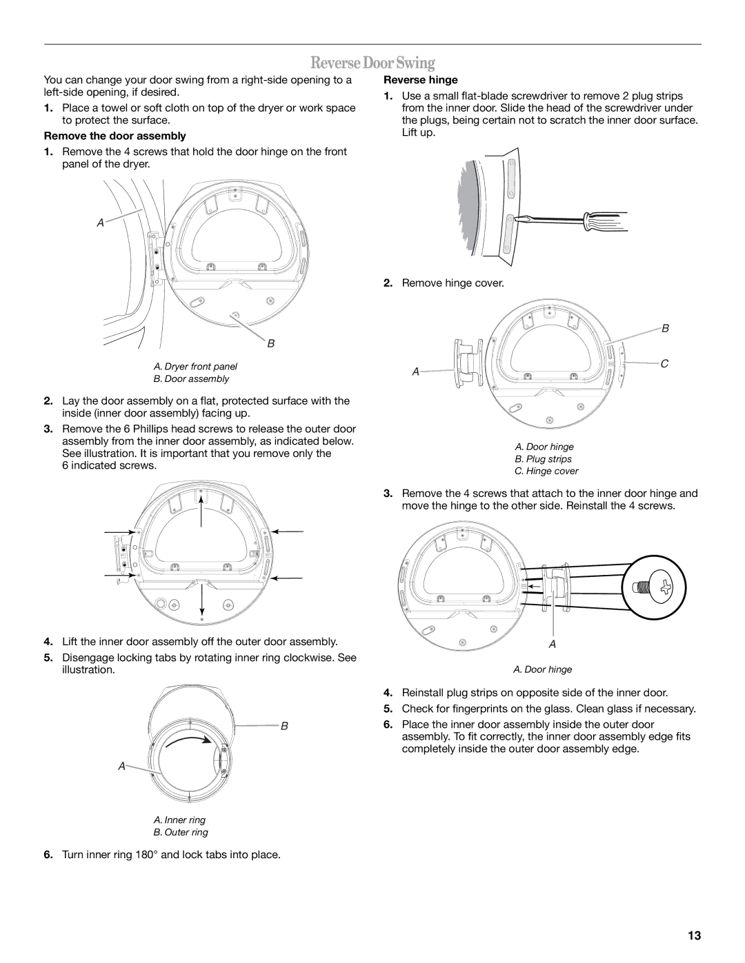 Whirlpool DUET SPORT, W10057260 manual ReverseDoorSwing, Remove the door assembly, Reverse hinge 