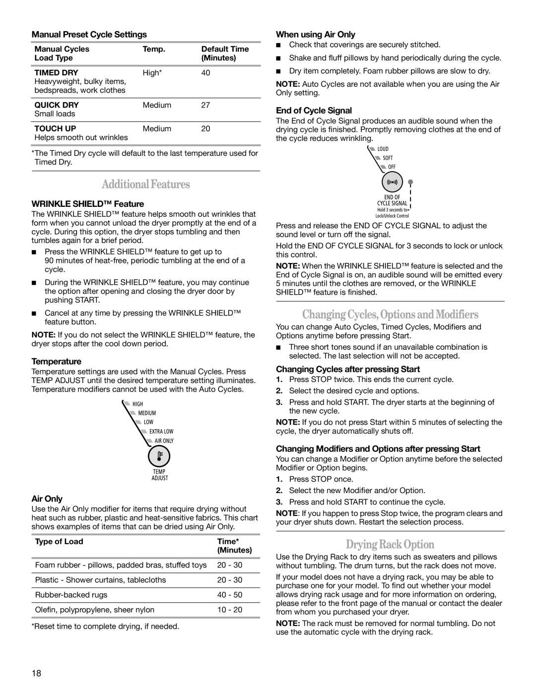 Whirlpool W10057260, DUET SPORT manual AdditionalFeatures, ChangingCycles,OptionsandModifiers, DryingRackOption 