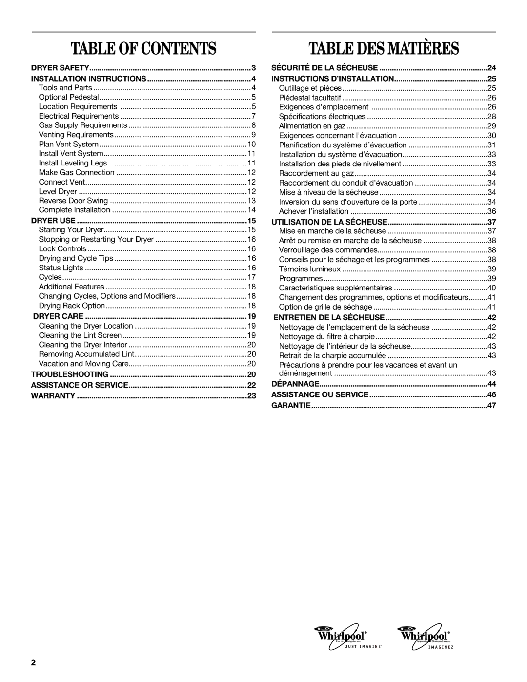 Whirlpool W10057260, DUET SPORT manual Table DES Matières 