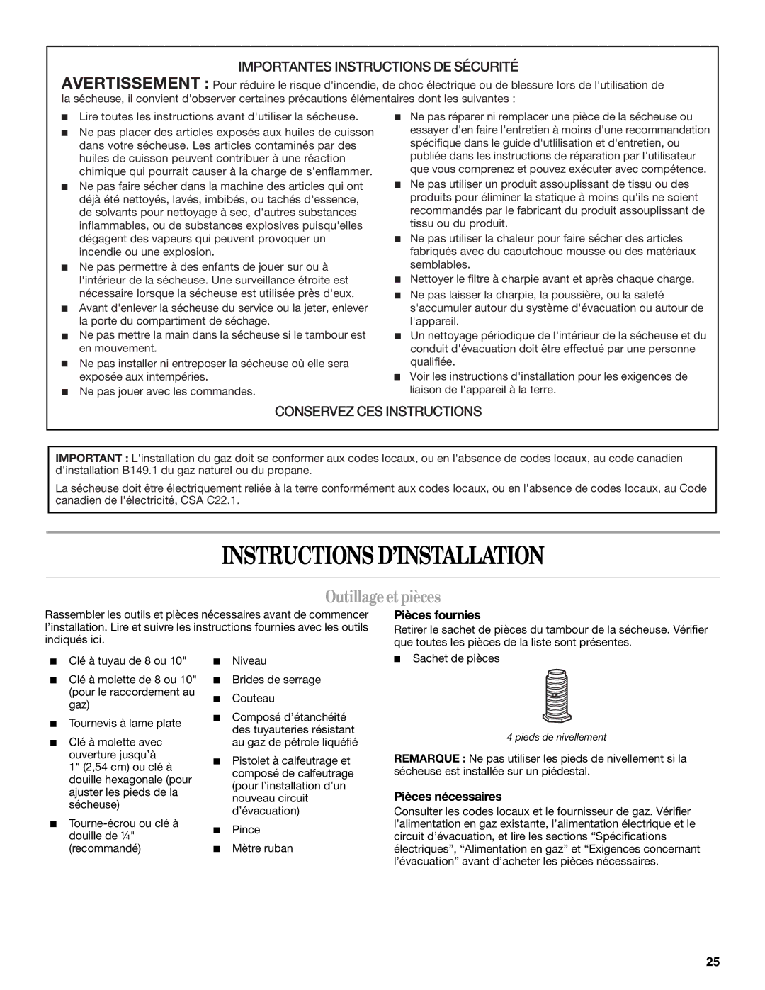 Whirlpool DUET SPORT, W10057260 manual Instructions D’INSTALLATION, Outillageetpièces, Pièces fournies, Pièces nécessaires 