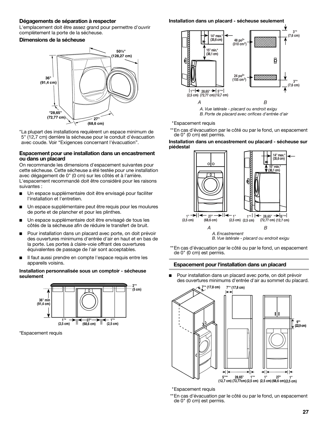 Whirlpool DUET SPORT, W10057260 manual Dégagements de séparation à respecter, Dimensions de la sécheuse 