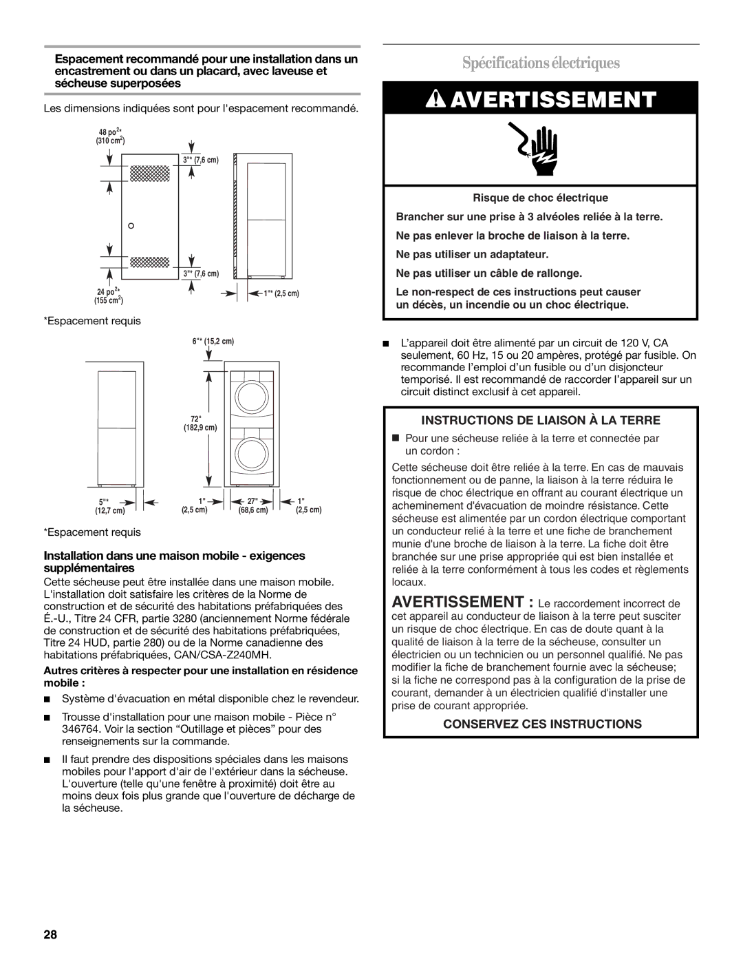 Whirlpool W10057260, DUET SPORT manual Spécifications électriques, Instructions DE Liaison À LA Terre 