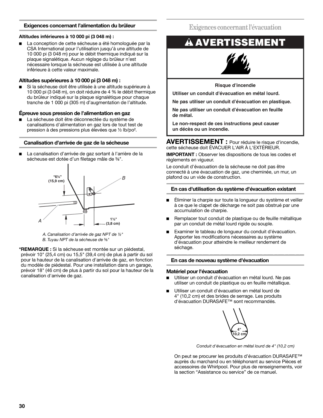 Whirlpool W10057260, DUET SPORT manual Exigencesconcernantlévacuation 