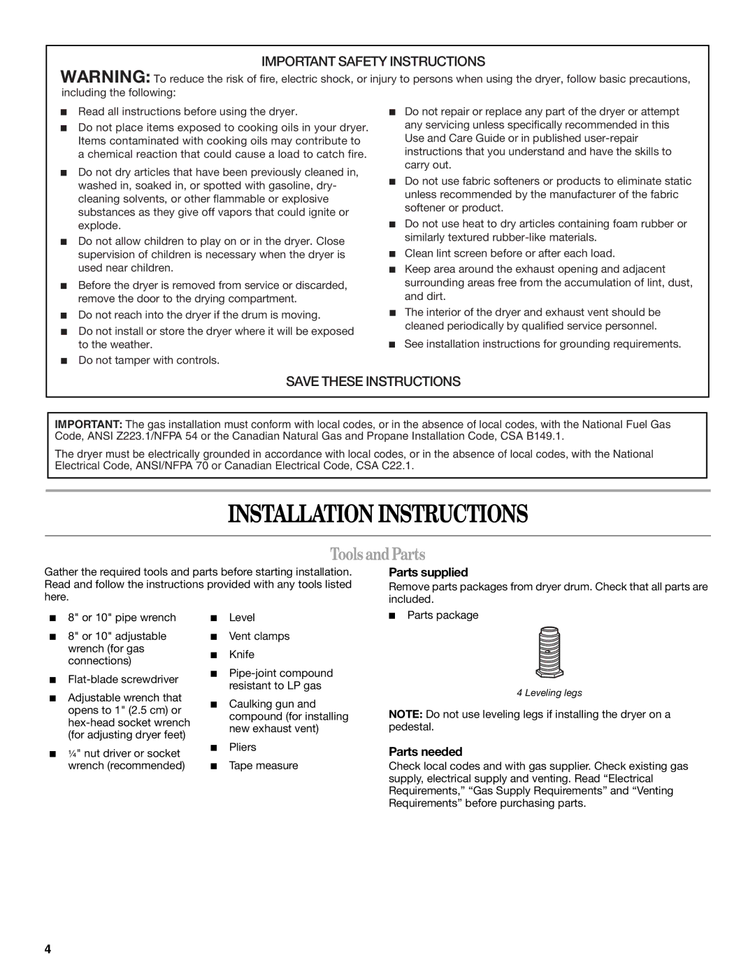 Whirlpool W10057260, DUET SPORT manual Installation Instructions, Tools andParts, Parts supplied, Parts needed 