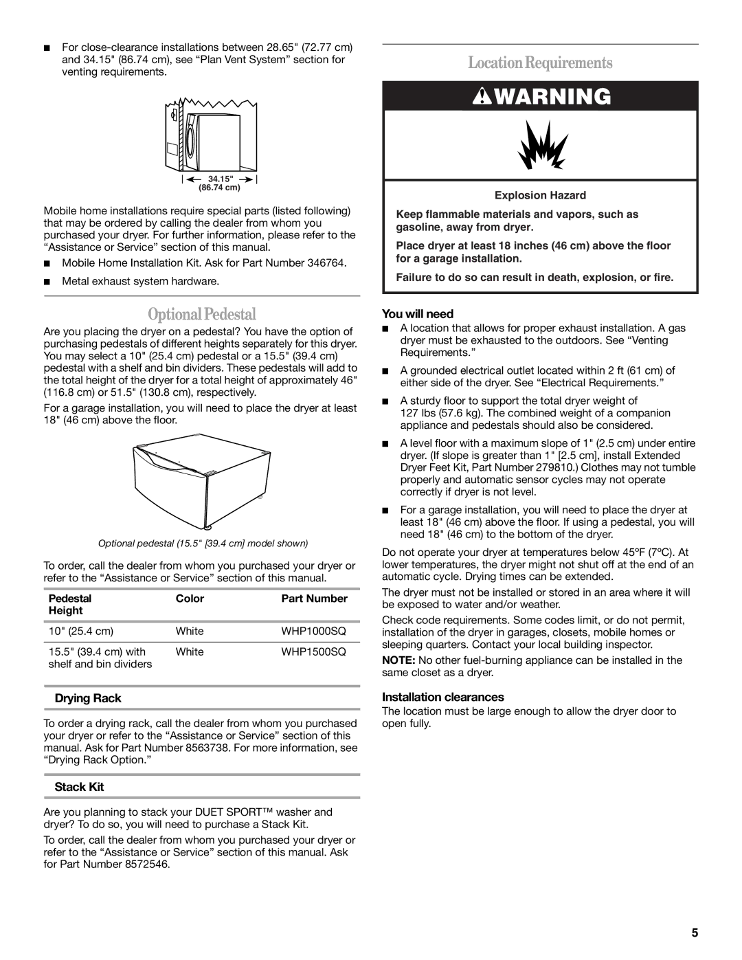 Whirlpool DUET SPORT, W10057260 manual LocationRequirements, OptionalPedestal 