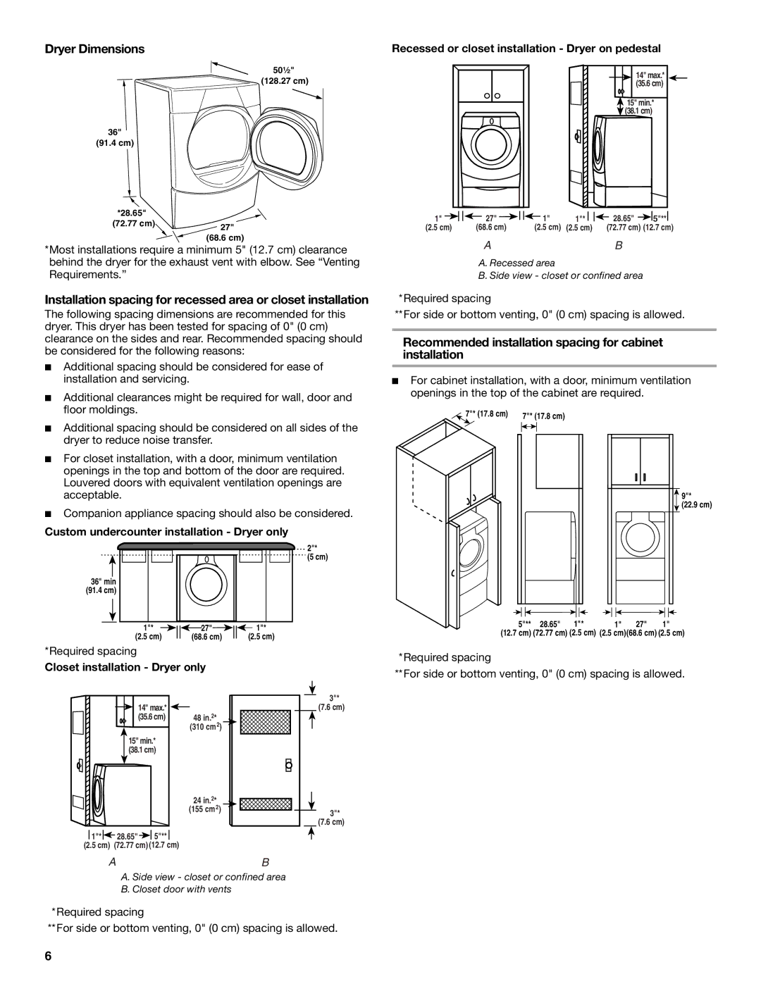 Whirlpool W10057260, DUET SPORT manual Dryer Dimensions, Recommended installation spacing for cabinet installation 