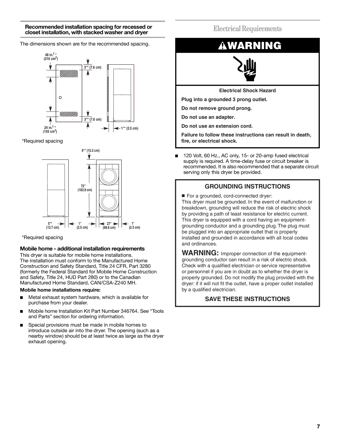 Whirlpool DUET SPORT, W10057260 manual Electrical Requirements, Mobile home additional installation requirements 