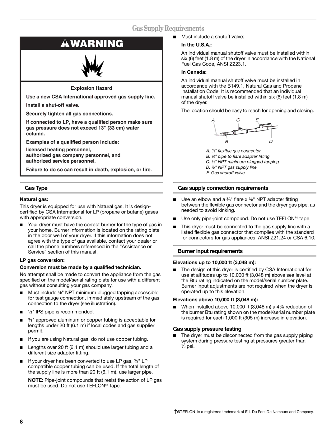 Whirlpool W10057260 manual GasSupplyRequirements, Gas Type, Gas supply connection requirements, Burner input requirements 