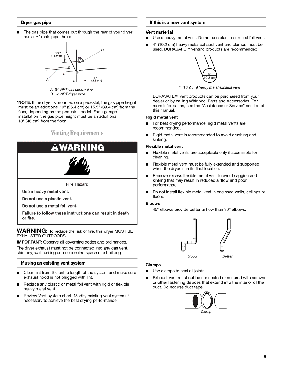 Whirlpool DUET SPORT, W10057260 manual VentingRequirements, Dryer gas pipe, If using an existing vent system 