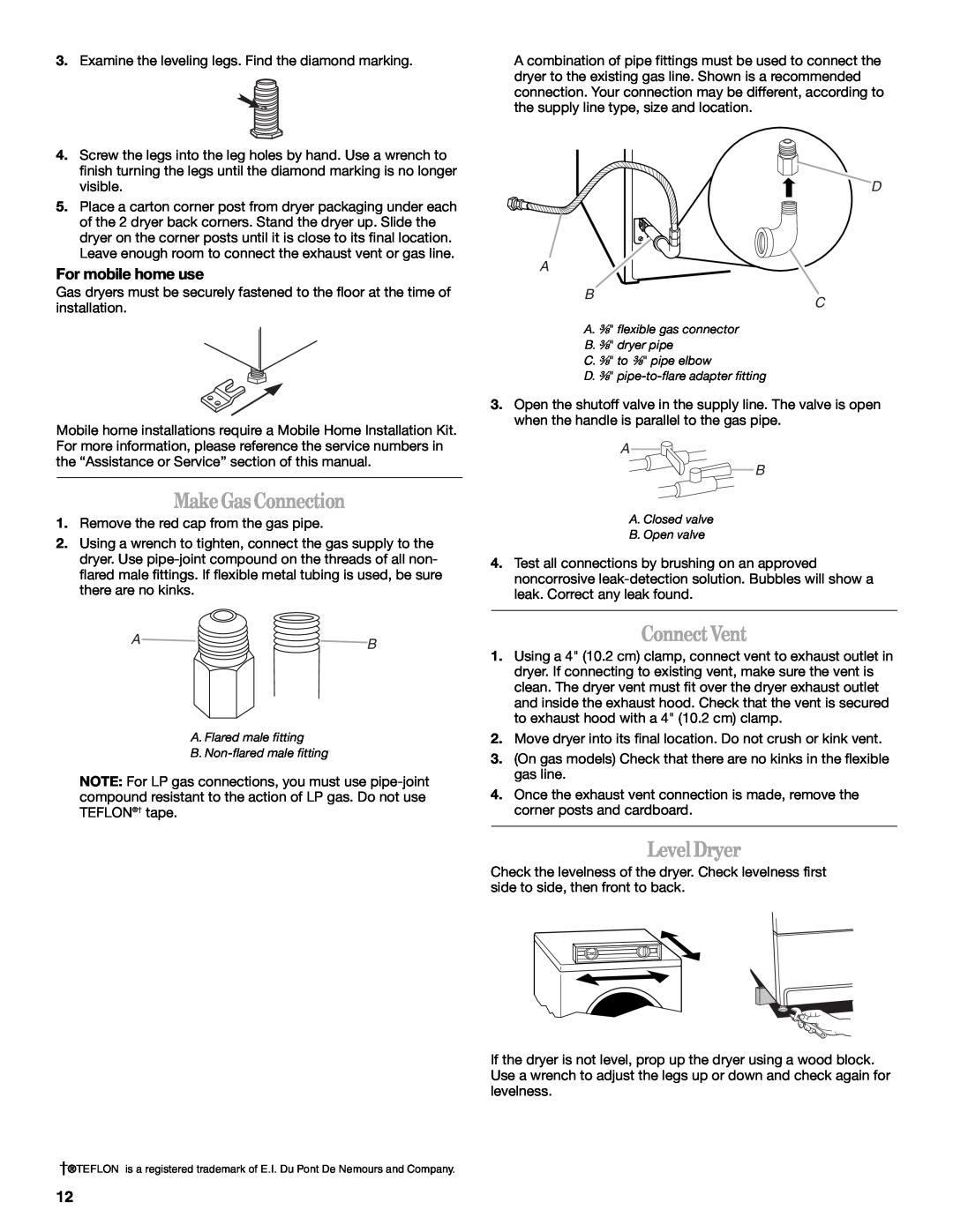 Whirlpool W10057260, DUET SPORT manual MakeGasConnection, ConnectVent, LevelDryer, For mobile home use 