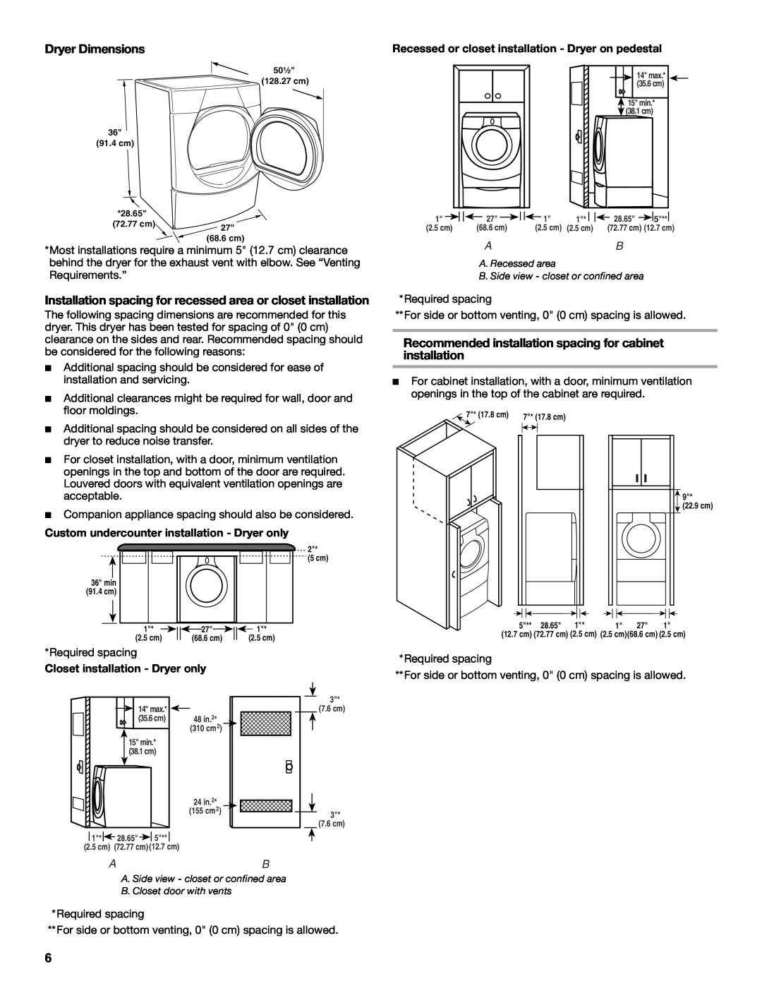 Whirlpool W10057260, DUET SPORT manual Dryer Dimensions, Installation spacing for recessed area or closet installation 