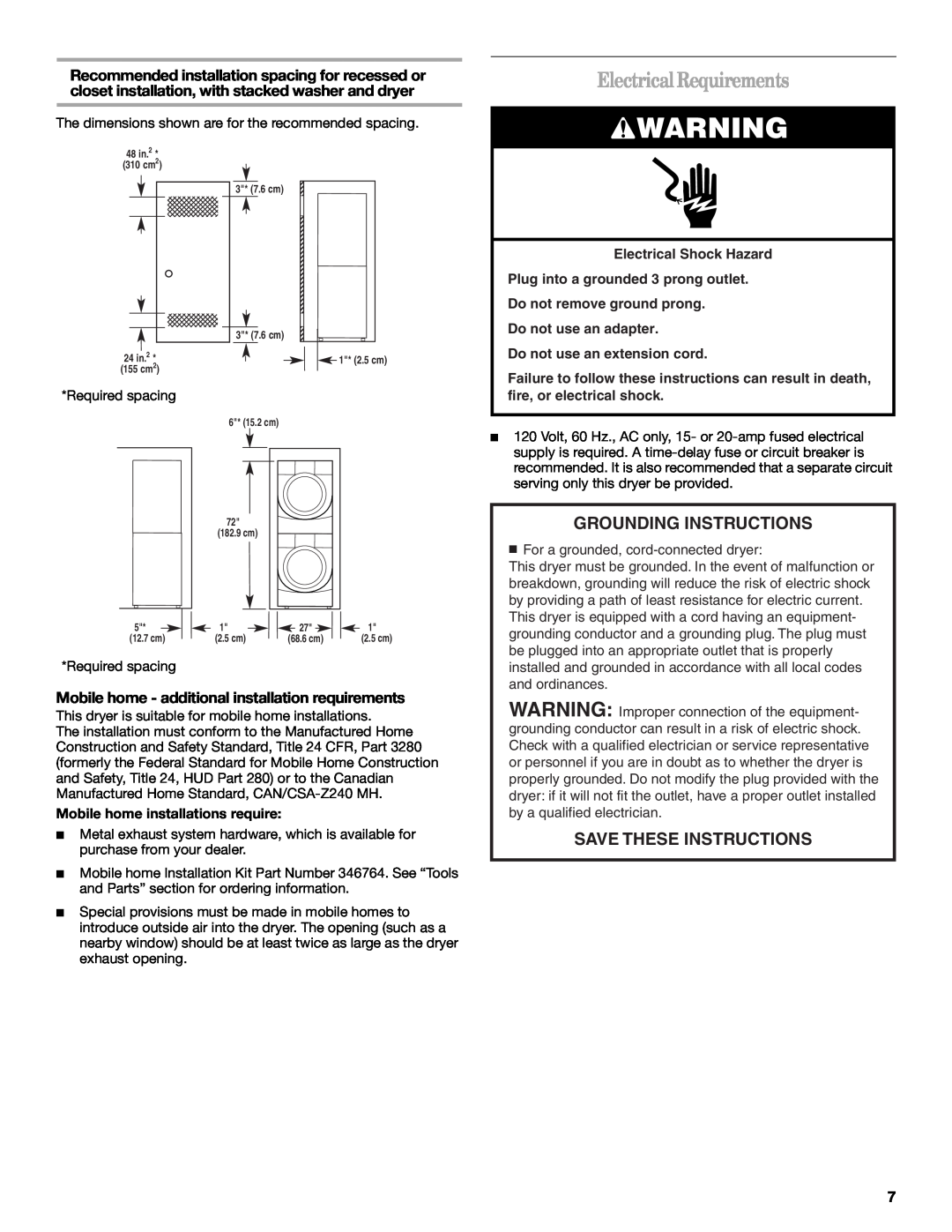 Whirlpool DUET SPORT, W10057260 manual Electrical Requirements, Grounding Instructions, Save These Instructions 