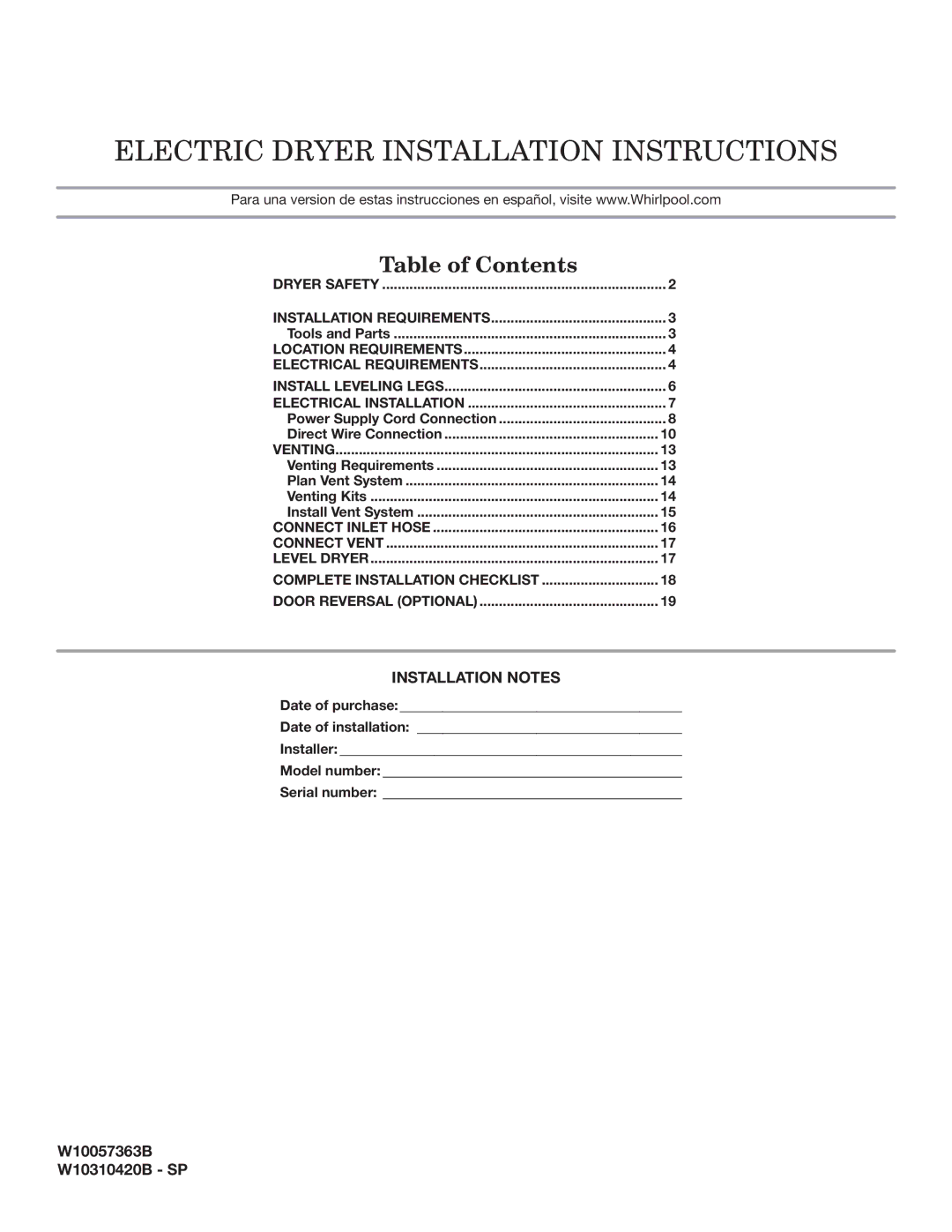 Whirlpool W10057363B installation instructions Electric Dryer Installation Instructions 