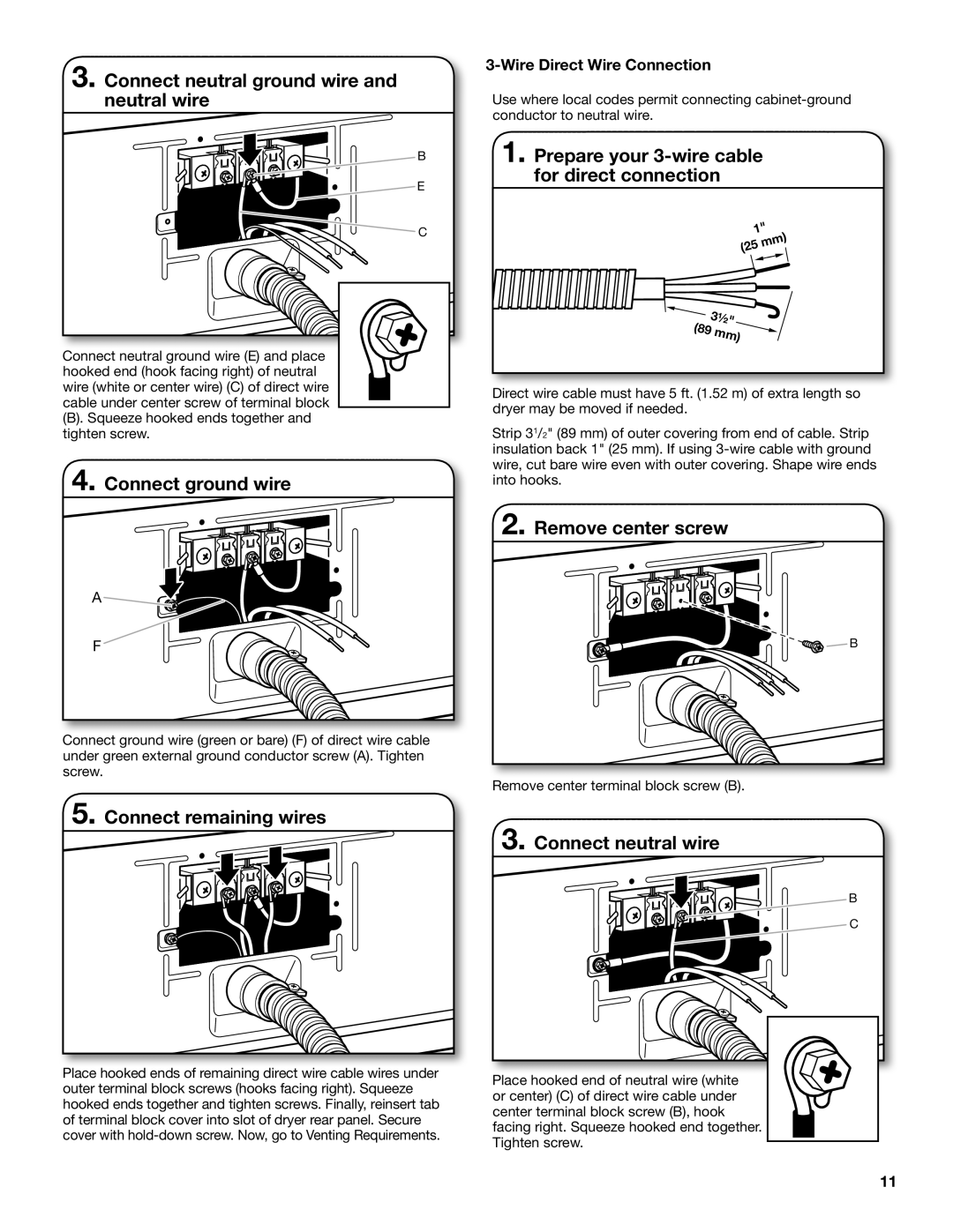 Whirlpool W10057363B installation instructions Prepare your 3-wire cable for direct connection, Wire Direct Wire Connection 