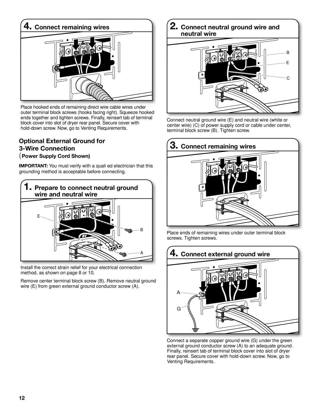 Whirlpool W10057363B Optional External Ground for 3-Wire Connection, Connect external ground wire, Power Supply Cord Shown 