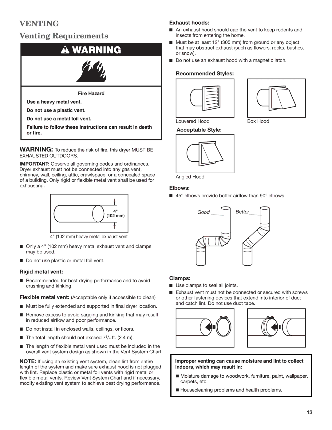 Whirlpool W10057363B installation instructions Venting Venting Requirements 