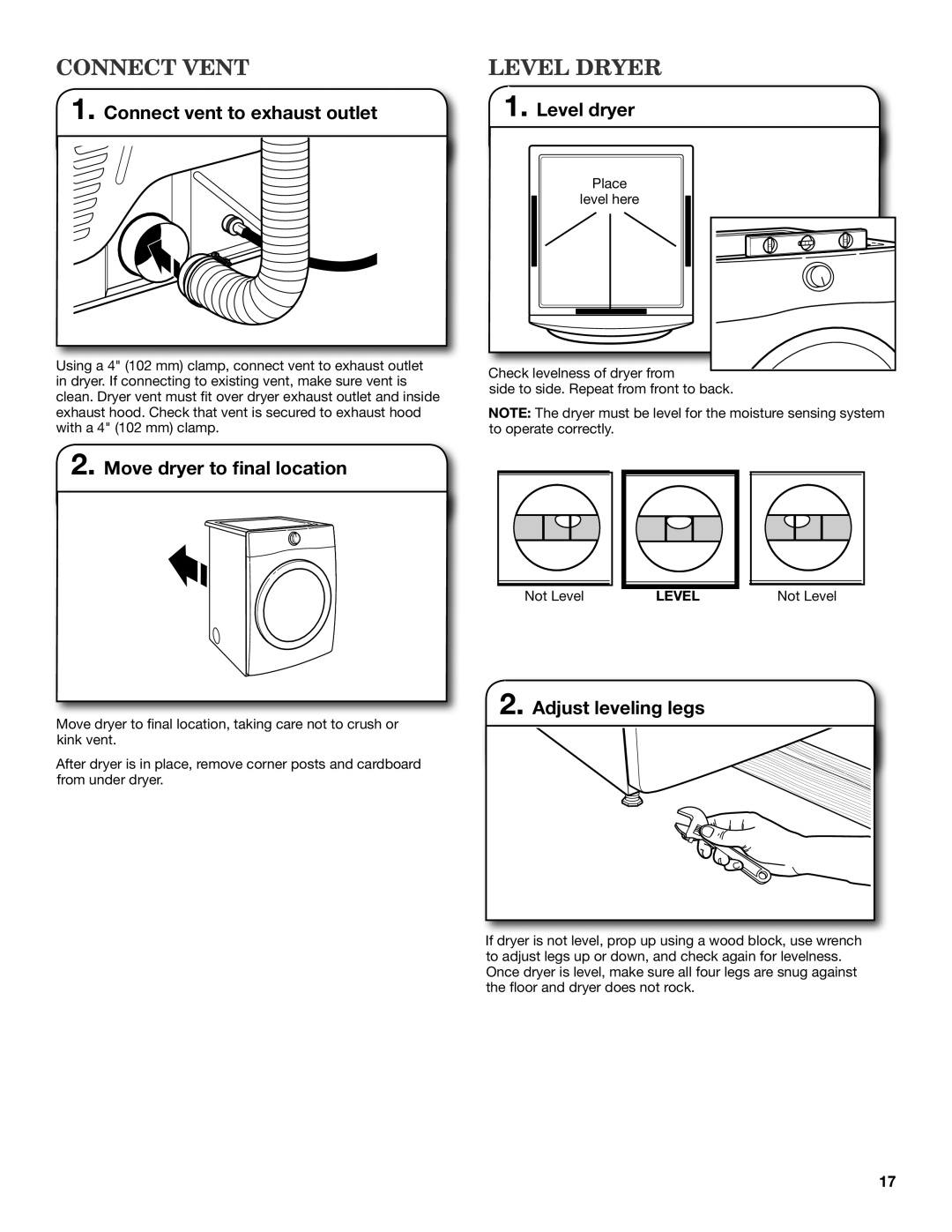 Whirlpool W10057363B installation instructions Connect vent, Level dryer 