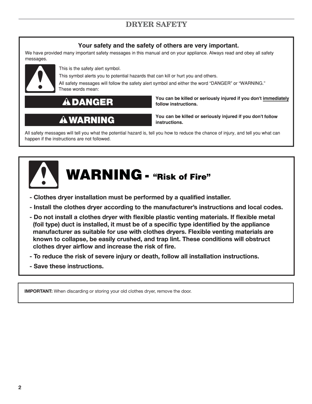 Whirlpool W10057363B installation instructions Dryer Safety 