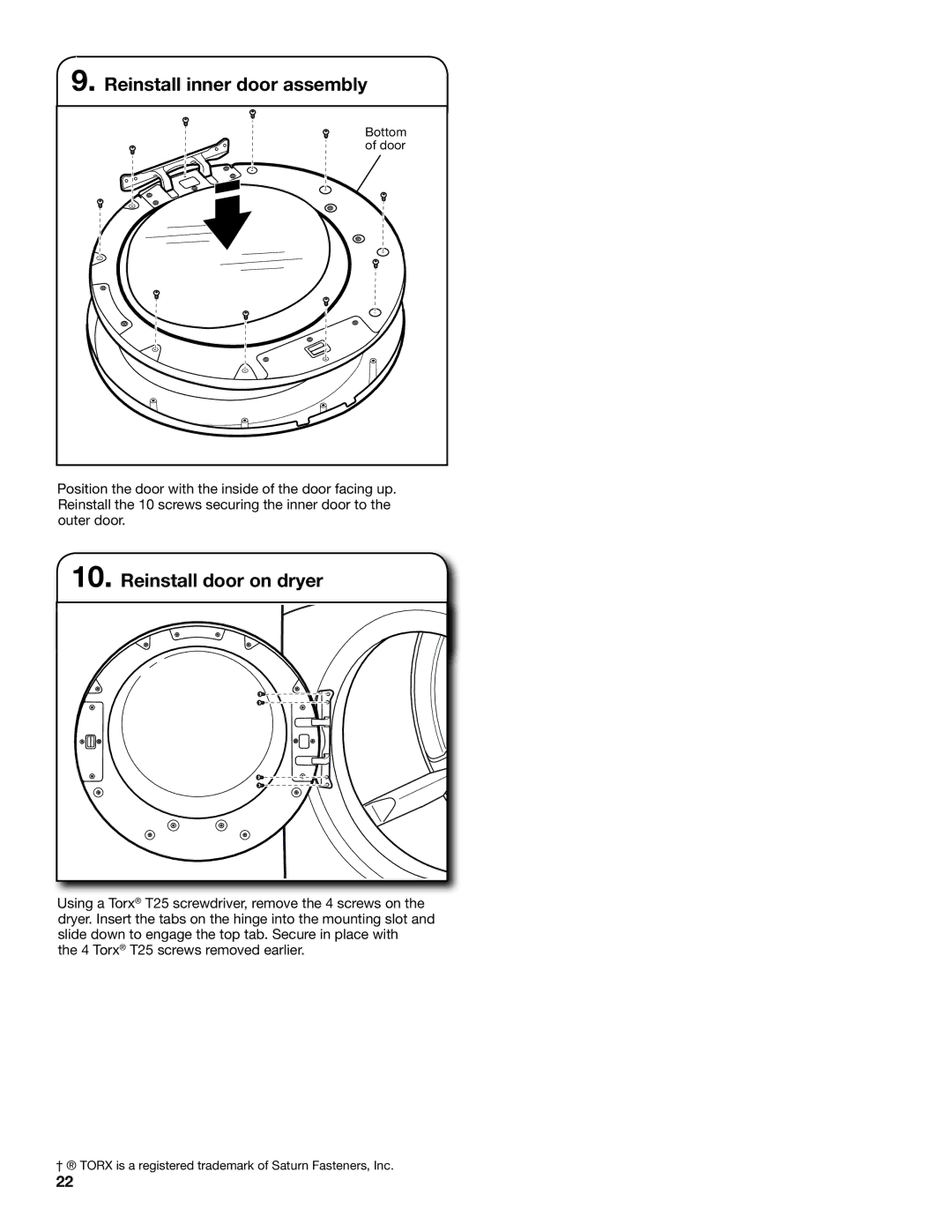 Whirlpool W10057363B installation instructions Reinstall inner door assembly, Reinstall door on dryer 