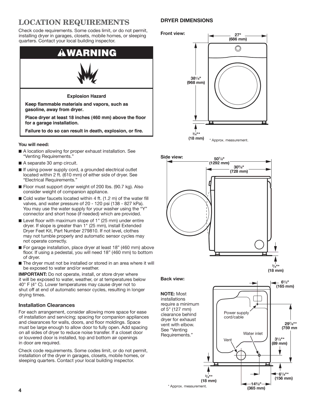 Whirlpool W10057363B installation instructions Location Requirements, Installation Clearances 