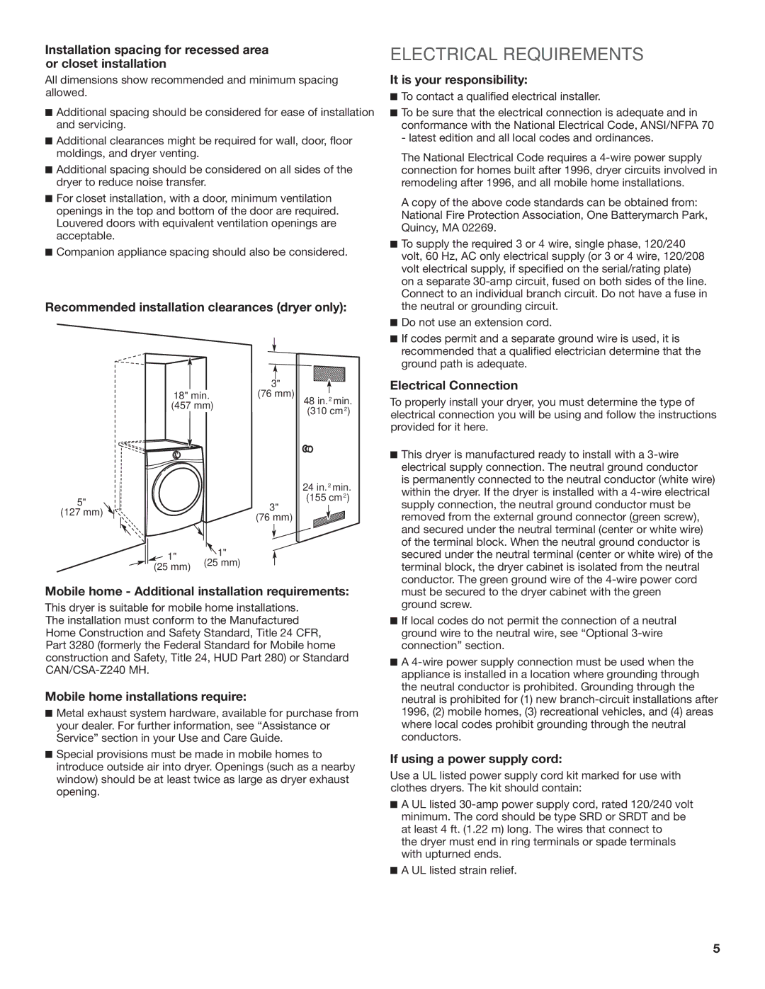 Whirlpool W10057363B installation instructions Electrical Requirements 