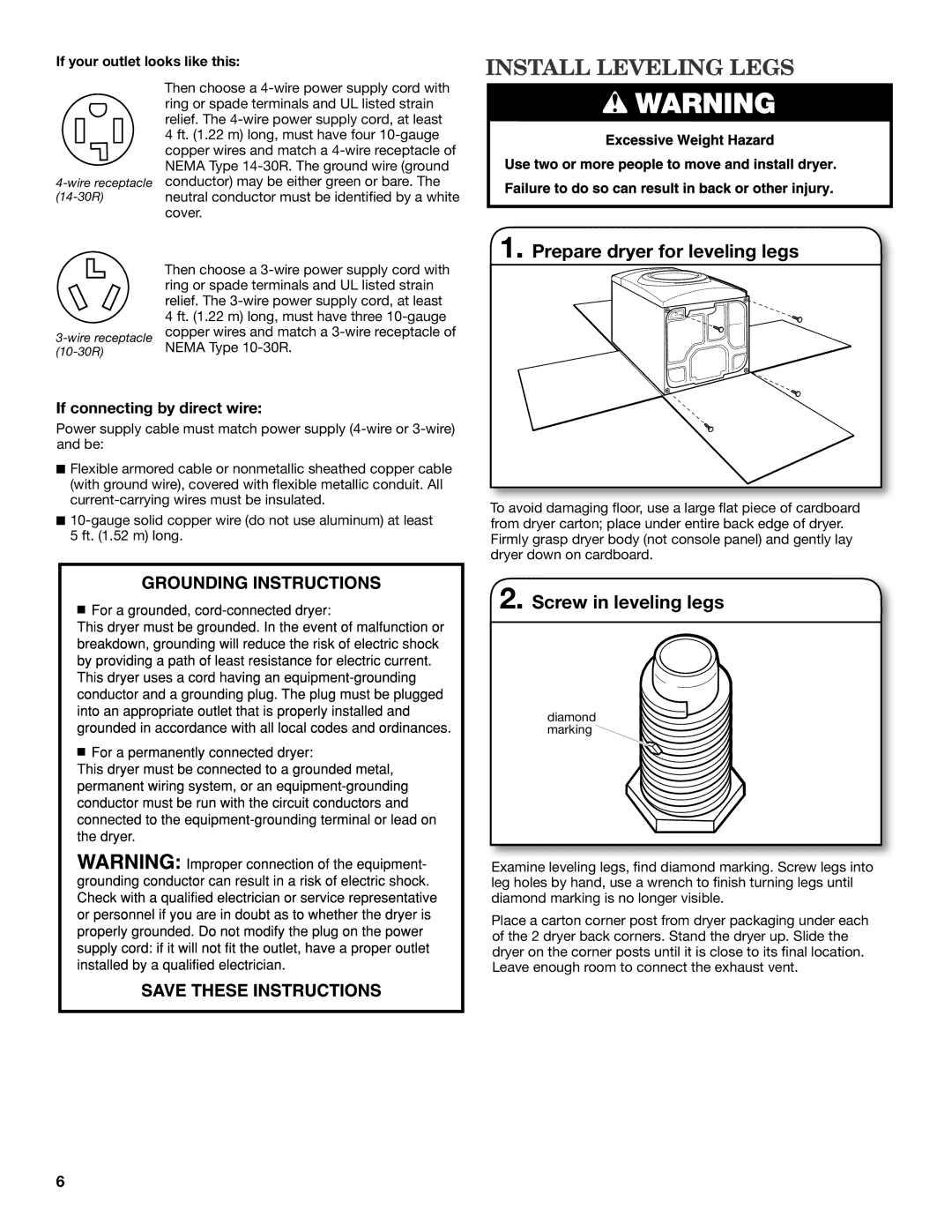 Whirlpool W10057363B Install Leveling Legs, Prepare dryer for leveling legs, Screw in leveling legs 