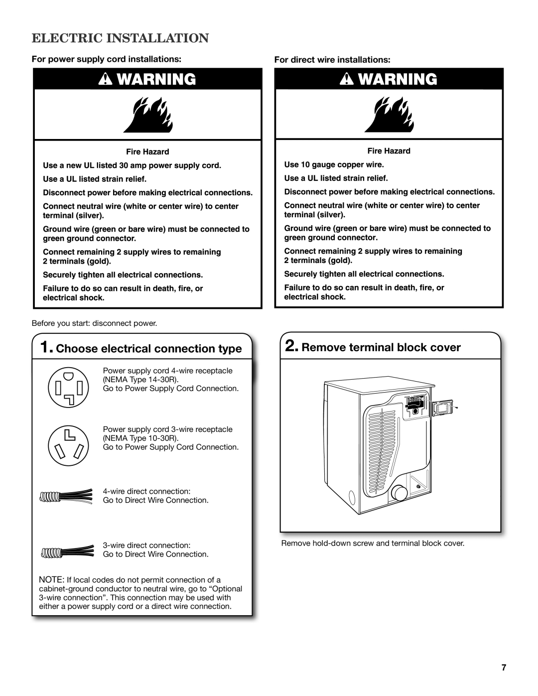 Whirlpool W10057363B Electric Installation, For power supply cord installations, For direct wire installations 