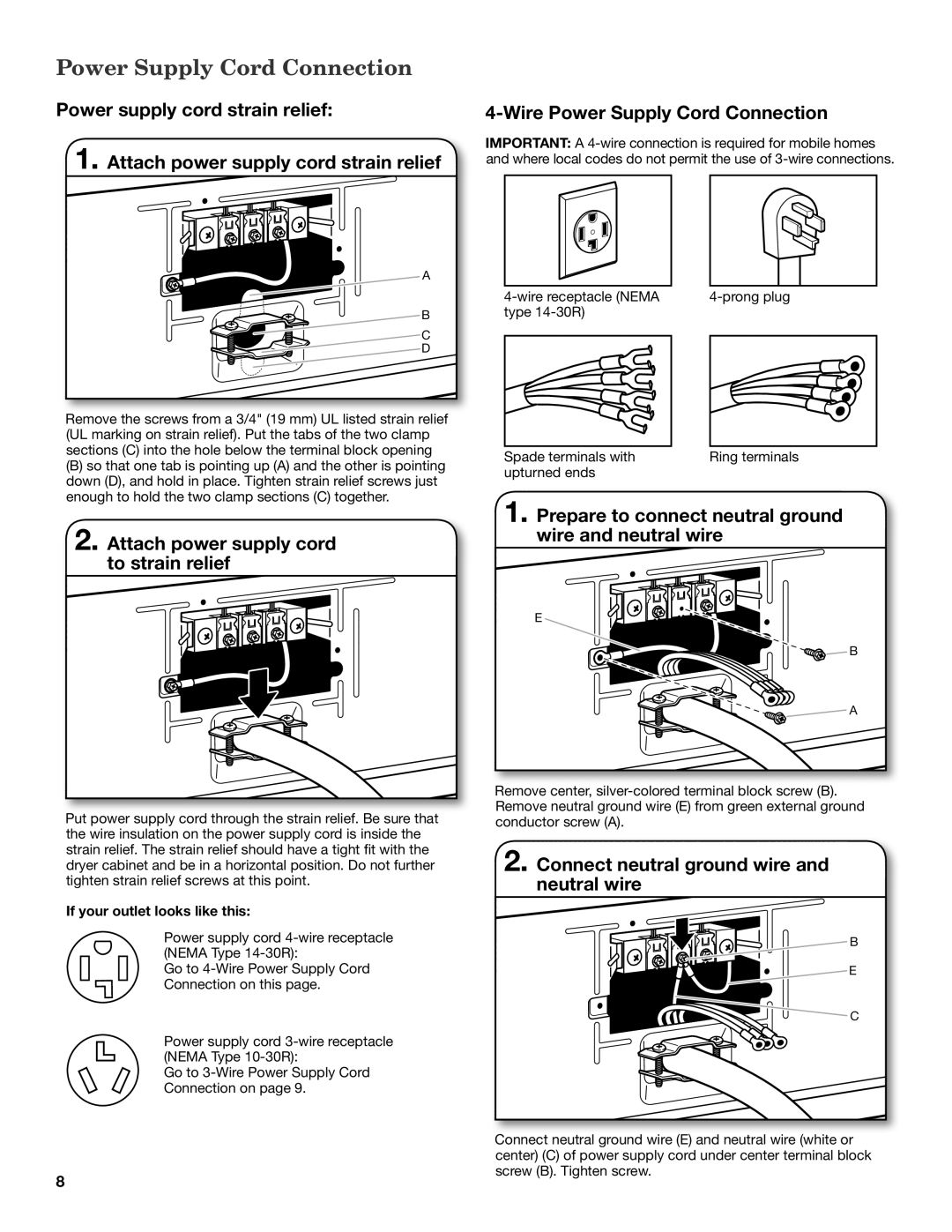 Whirlpool W10057363B installation instructions Power Supply Cord Connection, Attach power supply cord, To strain relief 