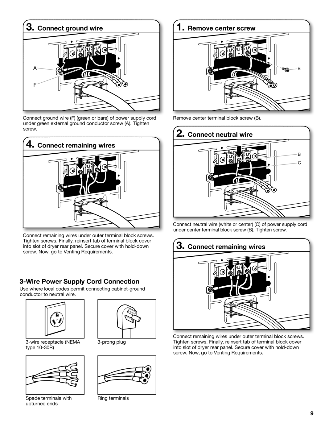 Whirlpool W10057363B Connect ground wire, Connect remaining wires, Remove center screw, Connect neutral wire 