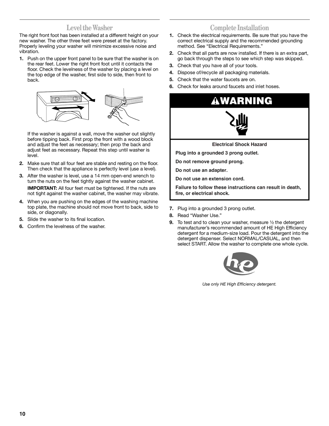 Whirlpool W10063560 manual Level theWasher, CompleteInstallation 