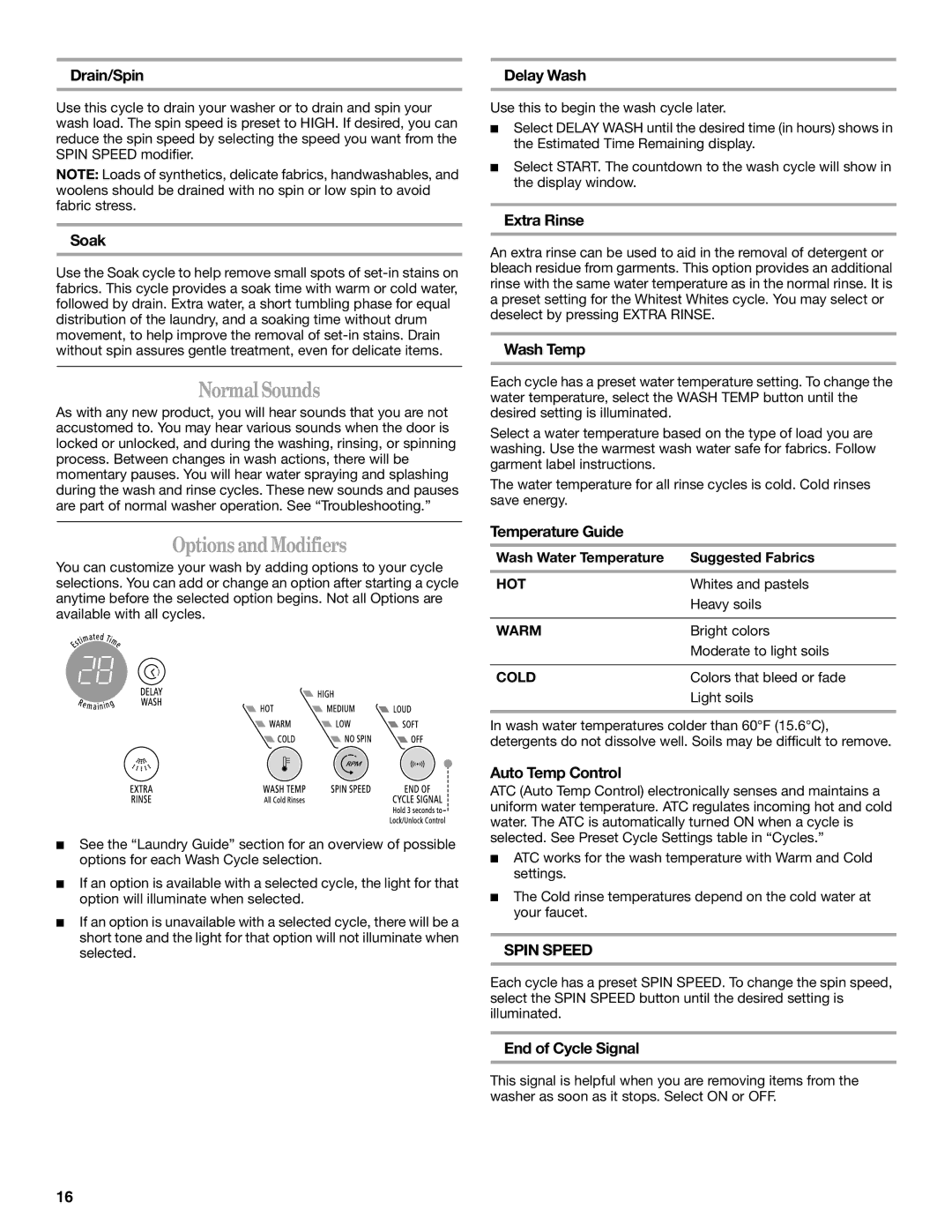 Whirlpool W10063560 manual NormalSounds, OptionsandModifiers 