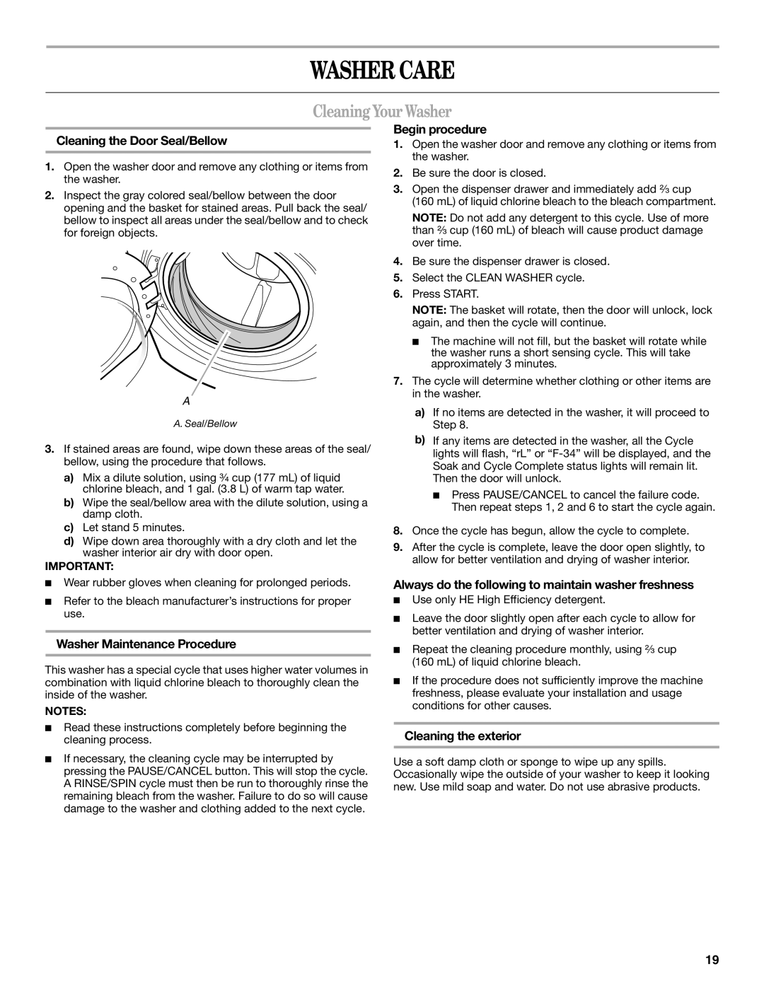 Whirlpool W10063560 manual Washer Care, CleaningYourWasher 