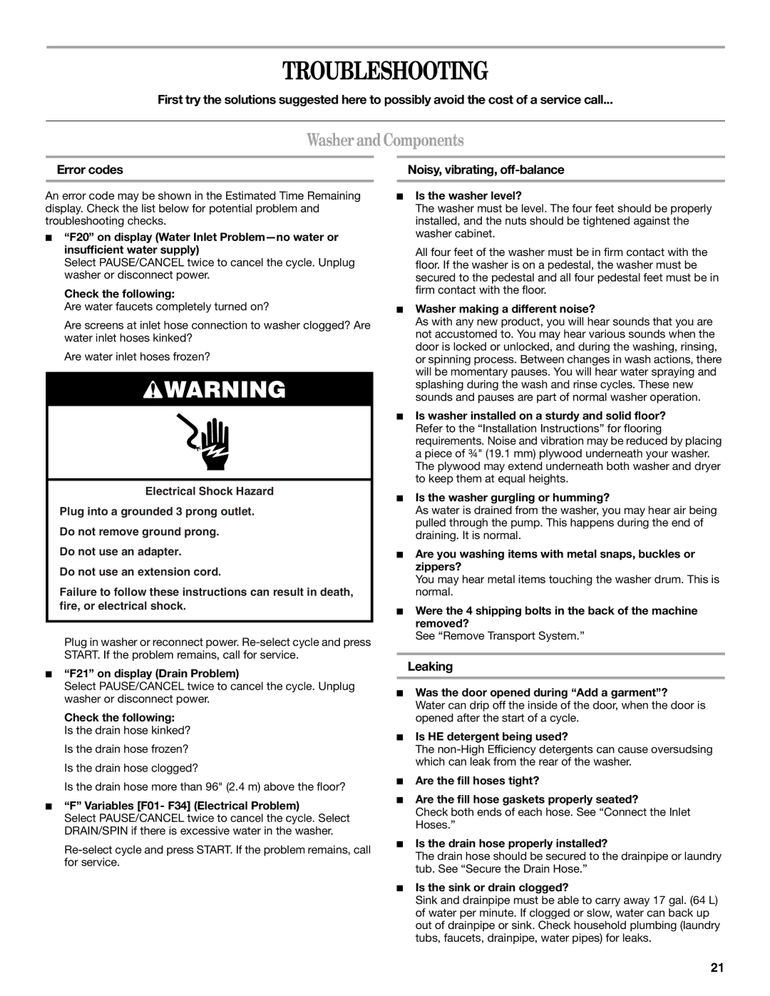 Whirlpool W10063560 manual Troubleshooting, WasherandComponents, Error codes Noisy, vibrating, off-balance, Leaking 