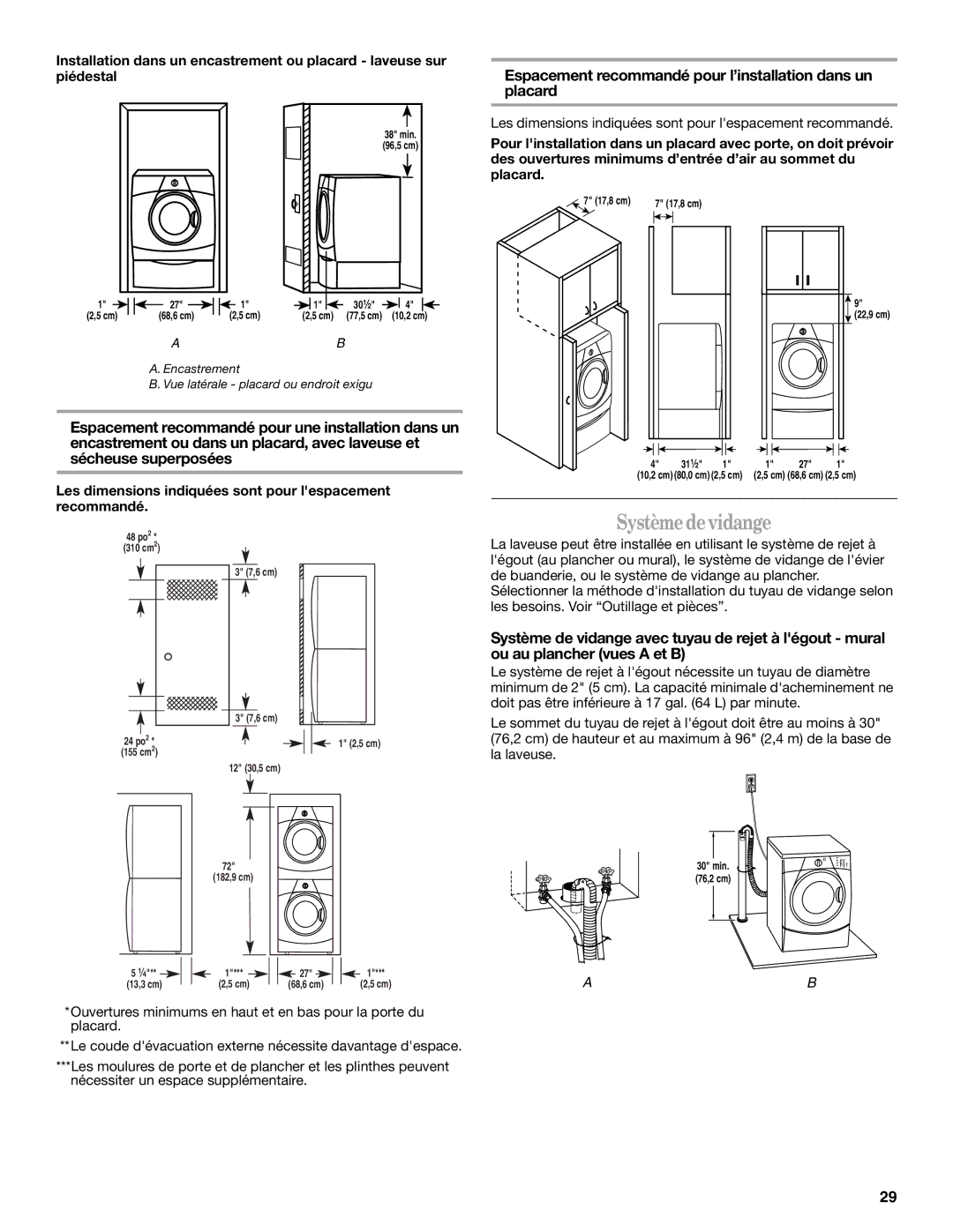 Whirlpool W10063560 manual Systèmedevidange, Espacement recommandé pour l’installation dans un placard 