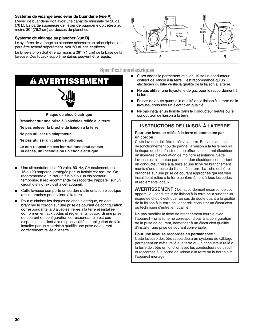 Whirlpool W10063560 manual Spécificationsélectriques, Système de vidange avec évier de buanderie vue a 