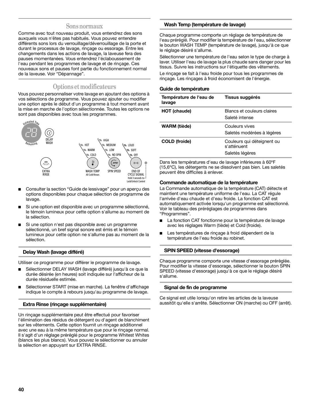 Whirlpool W10063560 manual Sonsnormaux, Optionsetmodificateurs 