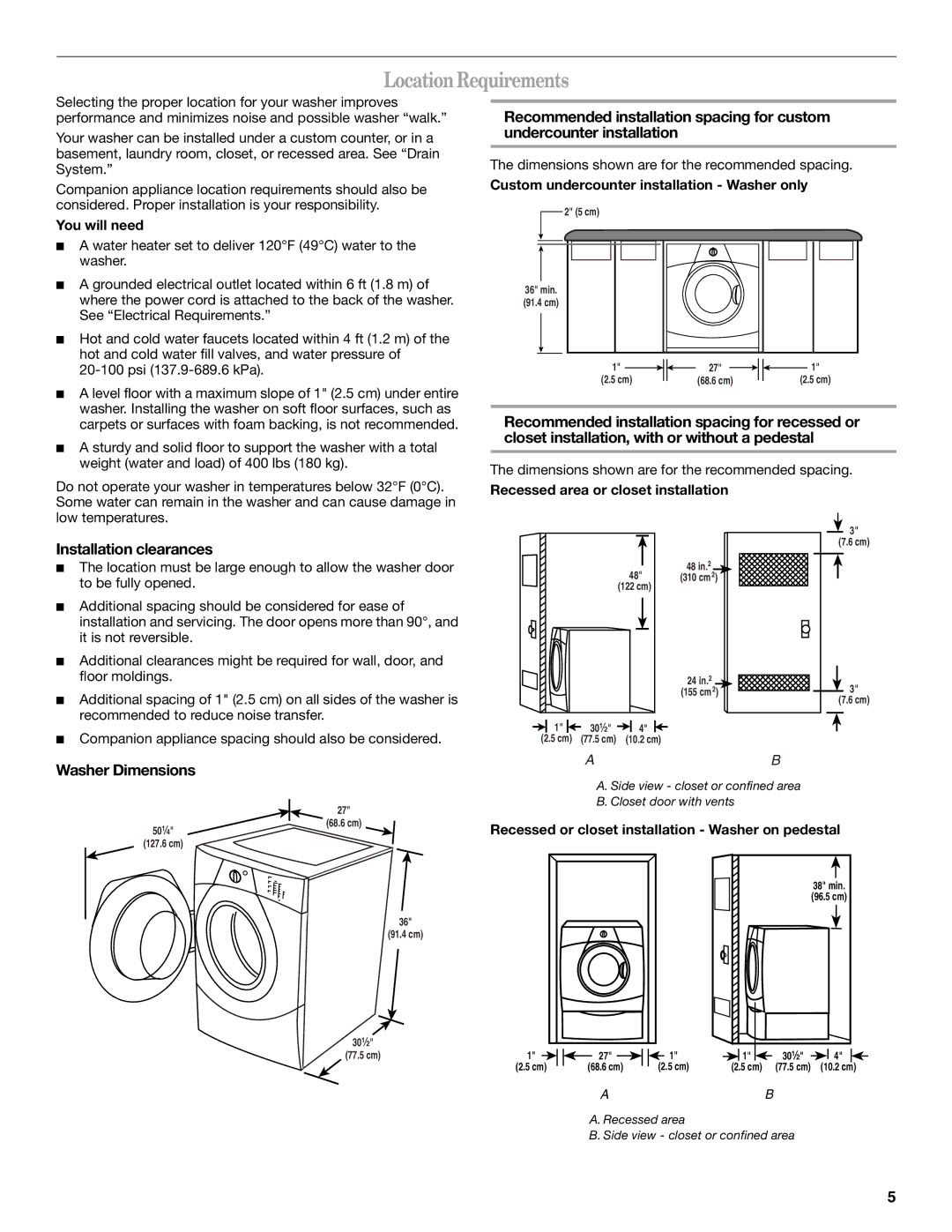 Whirlpool W10063560 manual Location Requirements, Installation clearances, Washer Dimensions 