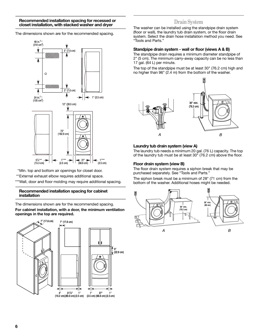 Whirlpool W10063560 DrainSystem, Recommended installation spacing for cabinet installation, Floor drain system view B 