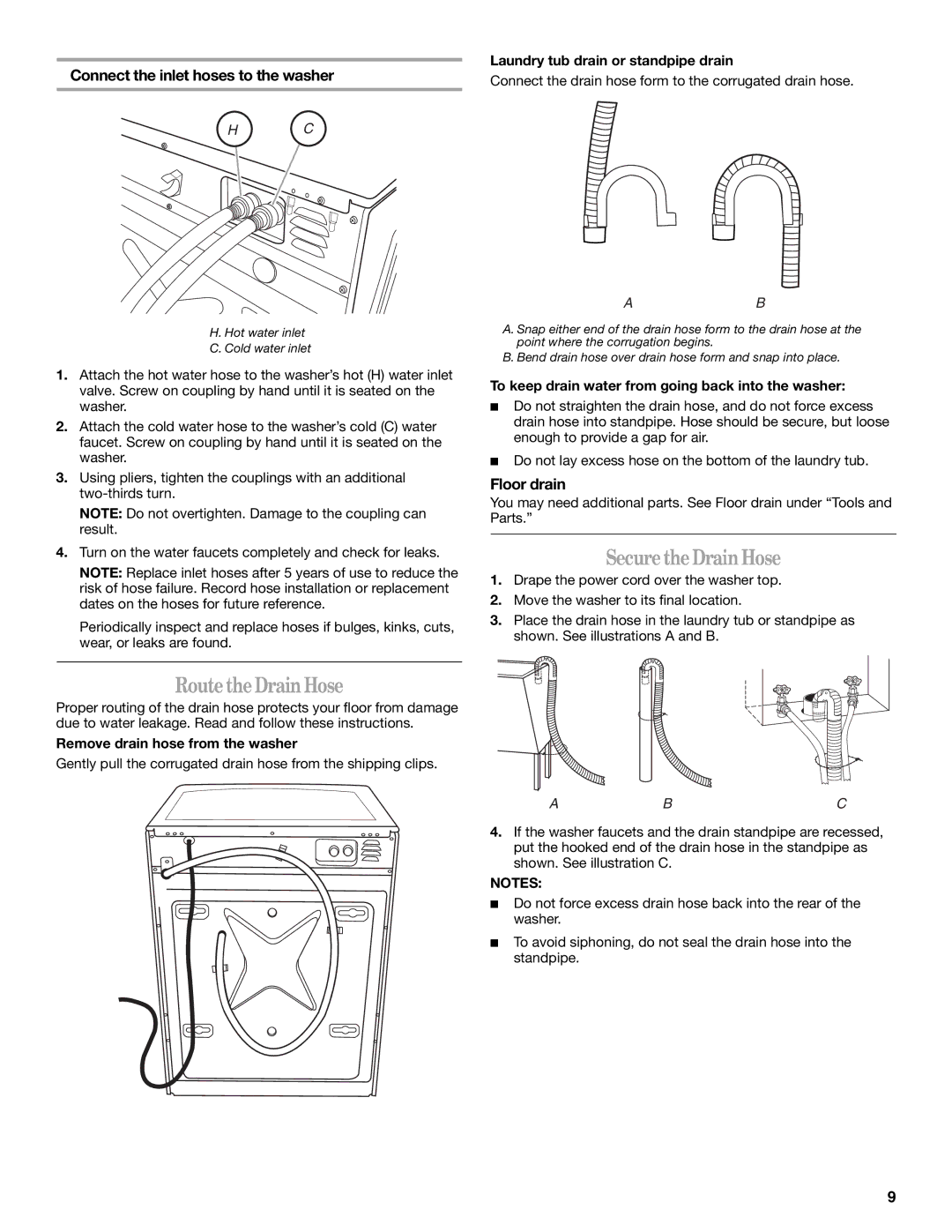 Whirlpool W10063560 manual SecuretheDrain Hose, RoutetheDrainHose, Connect the inlet hoses to the washer, Floor drain 