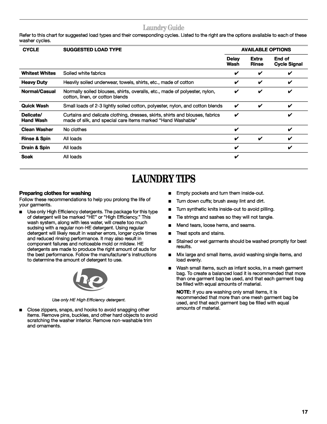 Whirlpool W10063560 manual Laundry Tips, LaundryGuide, Preparing clothes for washing 