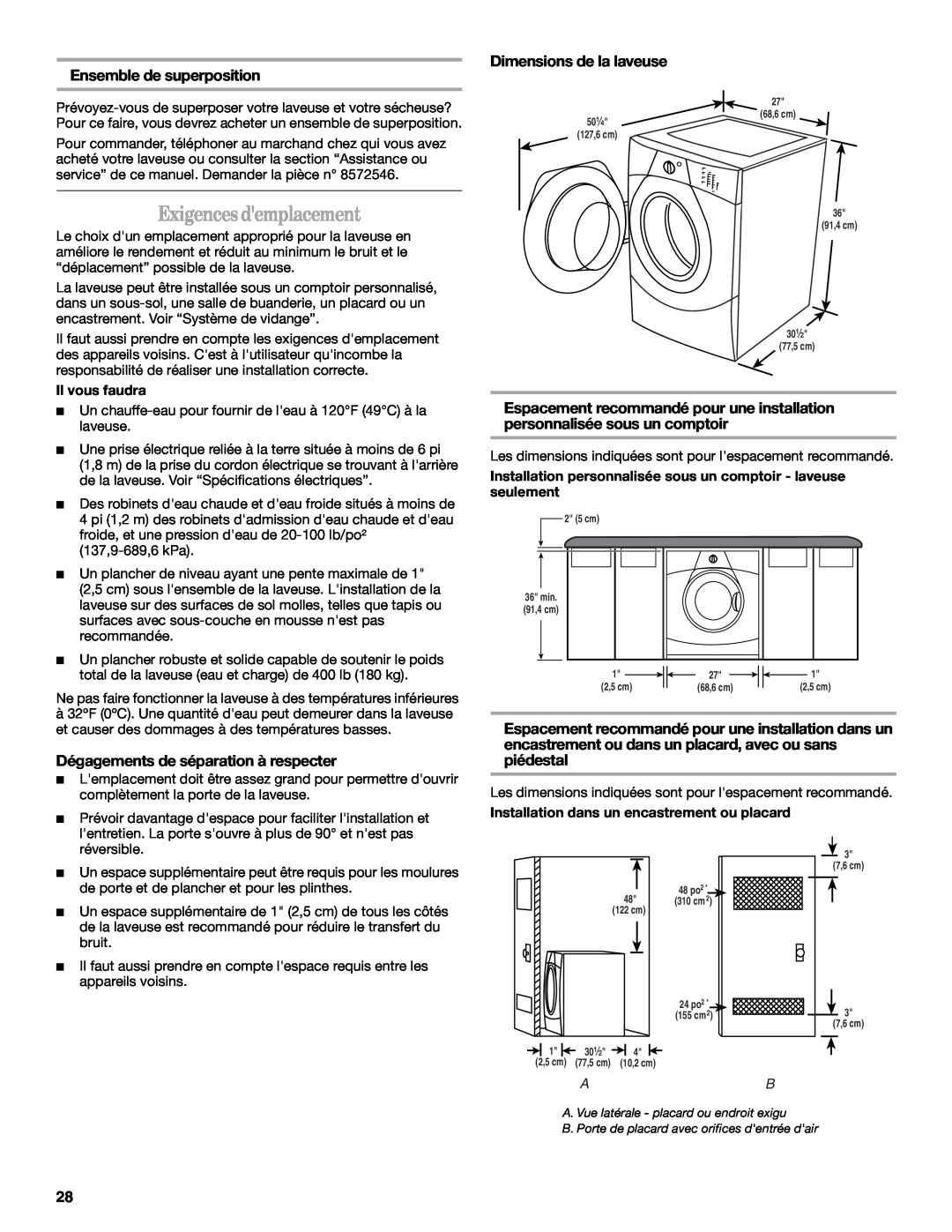 Whirlpool W10063560 manual Exigences demplacement, Ensemble de superposition, Dimensions de la laveuse 
