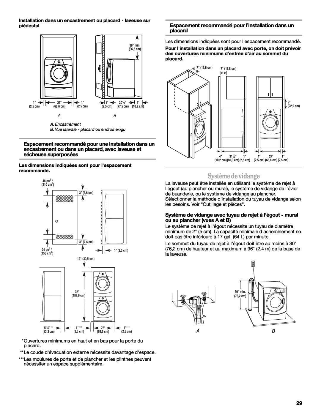 Whirlpool W10063560 manual Systèmedevidange, Espacement recommandé pour l’installation dans un placard 