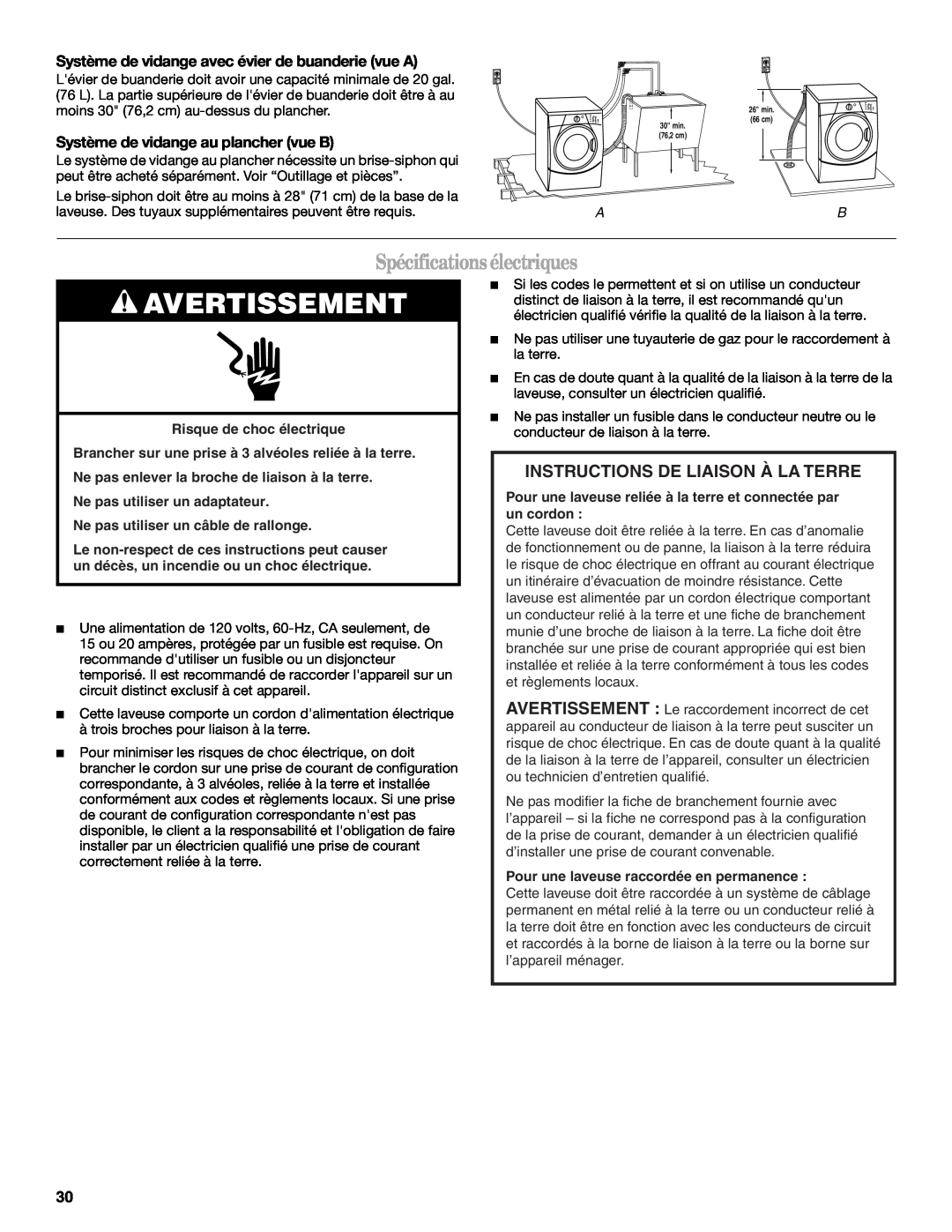 Whirlpool W10063560 manual Avertissement, Spécificationsélectriques, Instructions De Liaison À La Terre 