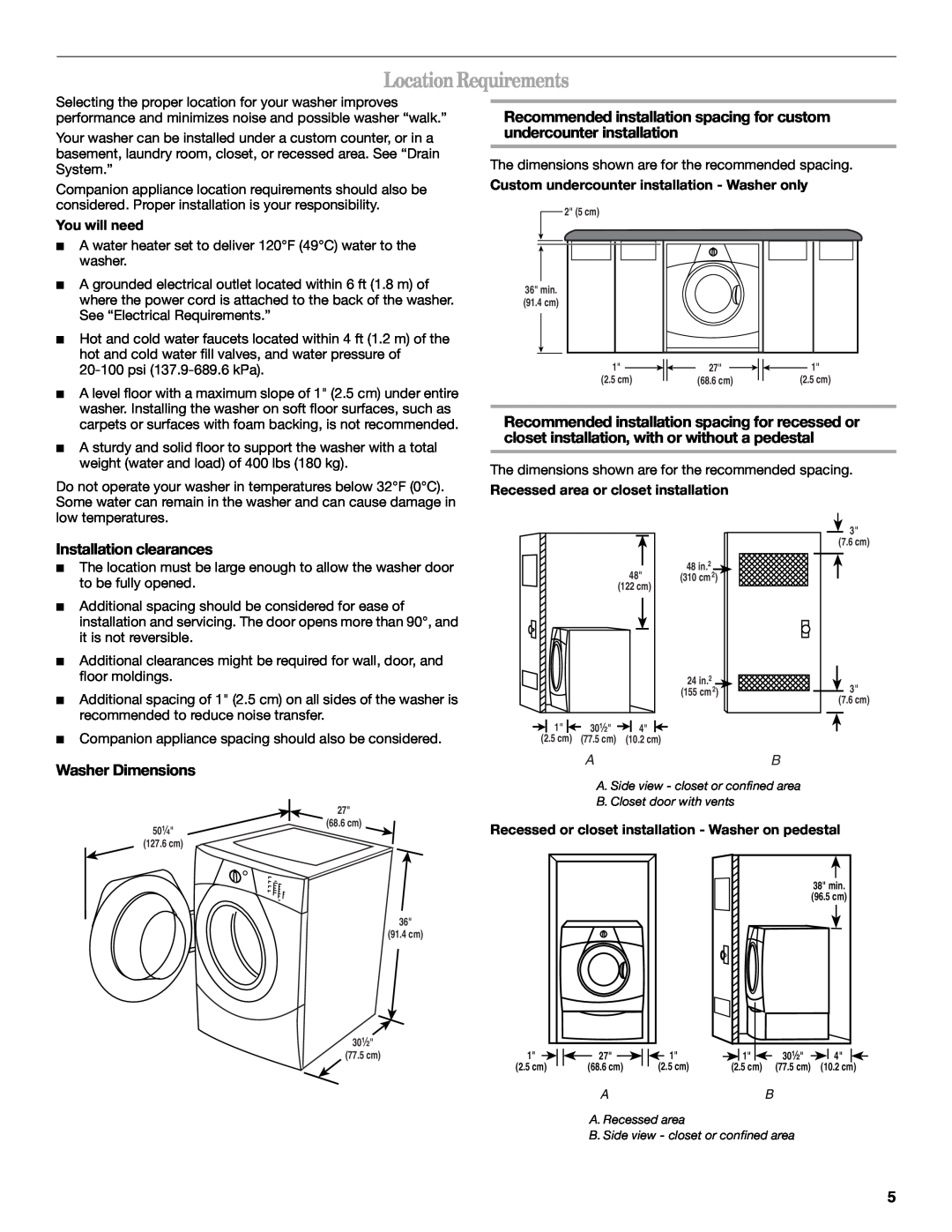 Whirlpool W10063560 manual Location Requirements, Recommended installation spacing for custom undercounter installation 