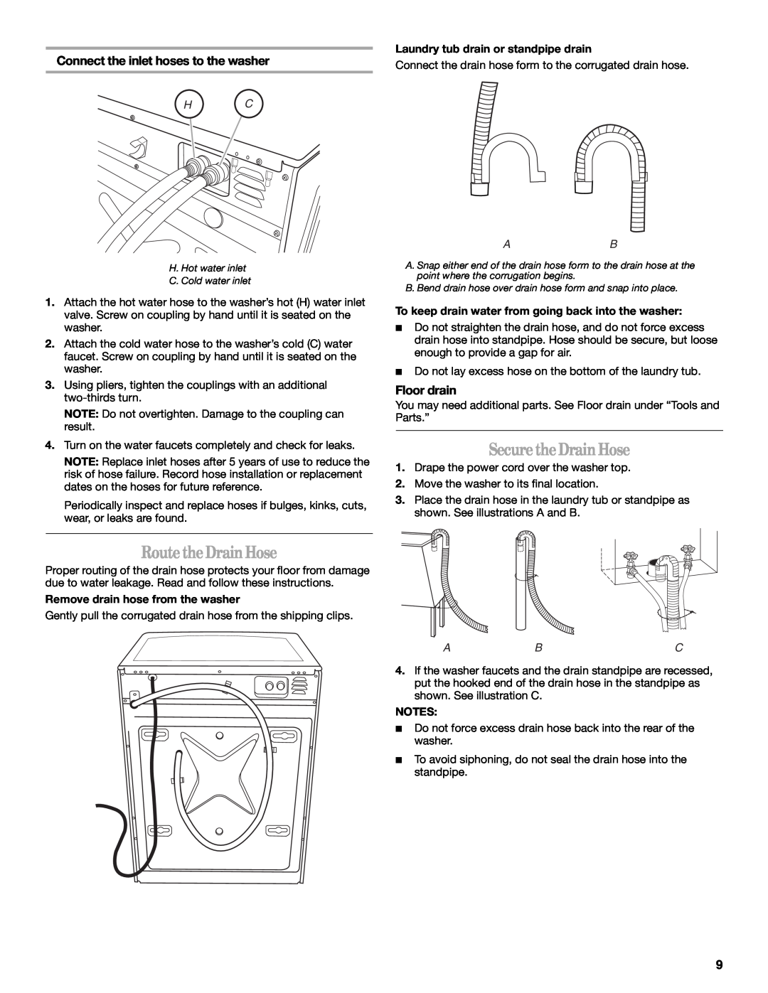 Whirlpool W10063560 manual SecuretheDrain Hose, RoutetheDrainHose, Connect the inlet hoses to the washer, Floor drain 