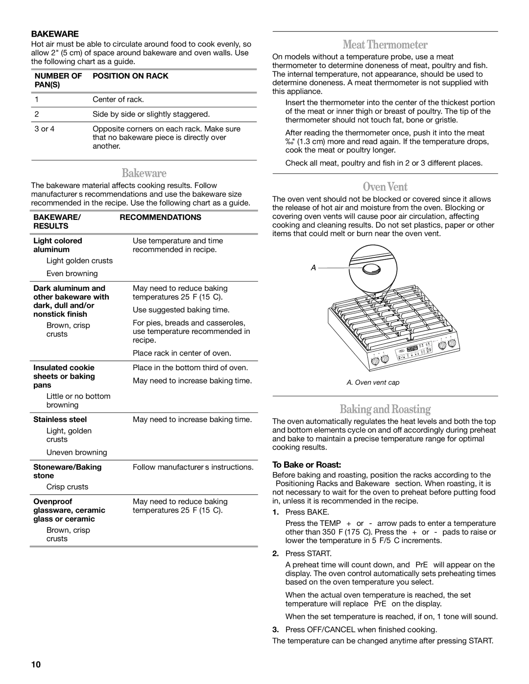 Whirlpool W10086240 manual Bakeware, Meat Thermometer, Oven Vent, Baking and Roasting 