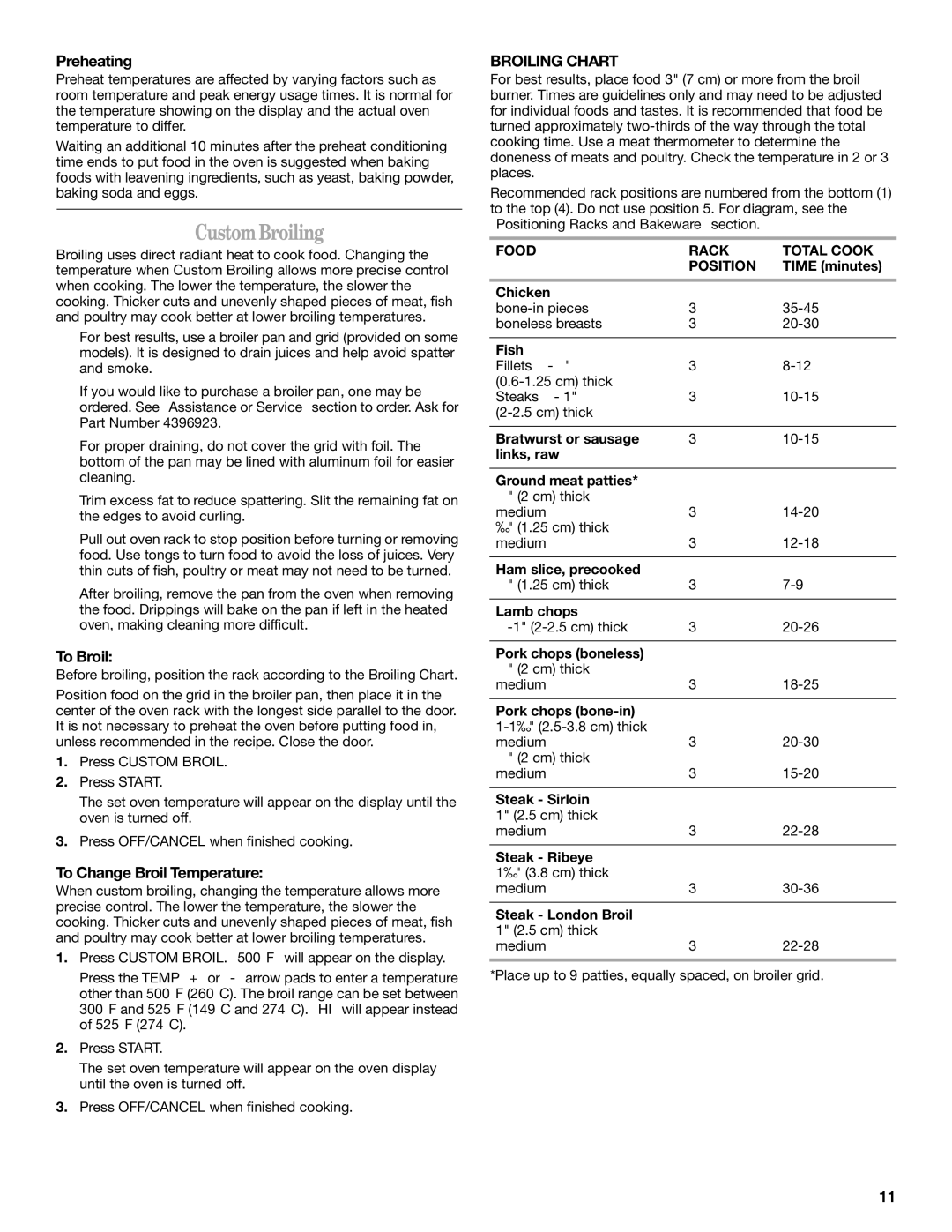 Whirlpool W10086240 manual Custom Broiling, Preheating, To Broil, To Change Broil Temperature, Broiling Chart 