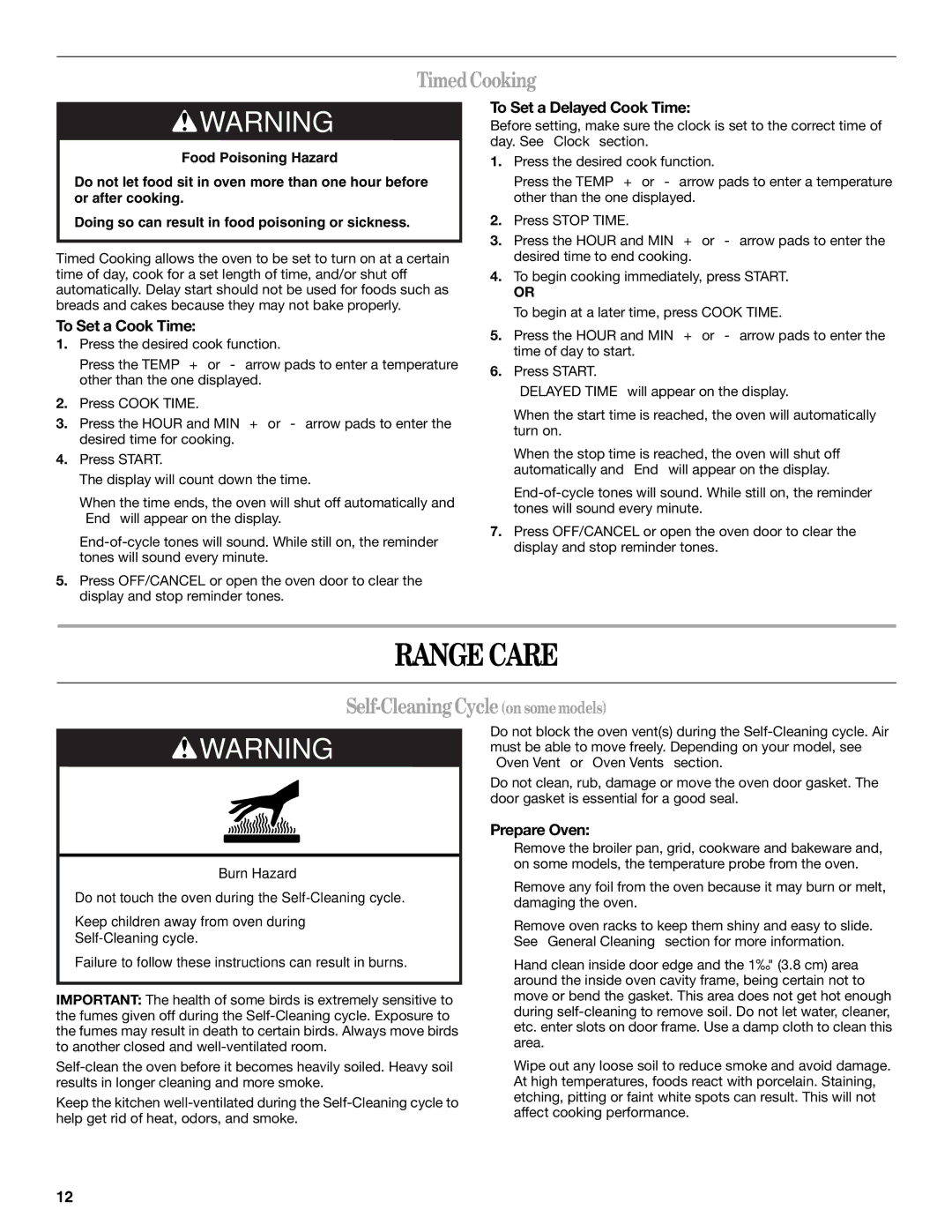 Whirlpool W10086240 manual Range Care, Timed Cooking, Self-Cleaning Cycle on some models 