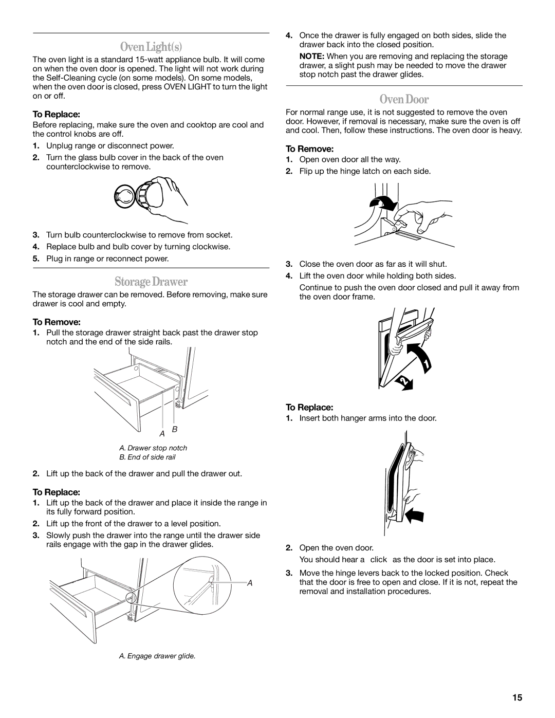 Whirlpool W10086240 manual Oven Lights, Storage Drawer, Oven Door, To Replace, To Remove 